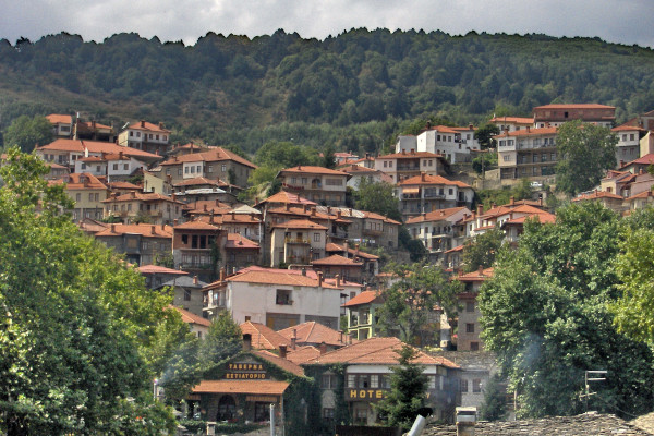 Μια εικόνα που δείχνει ένα μέρος του Μετσόβου, χτισμένο αμφιθεατρικά στην πλαγιά του βουνού.