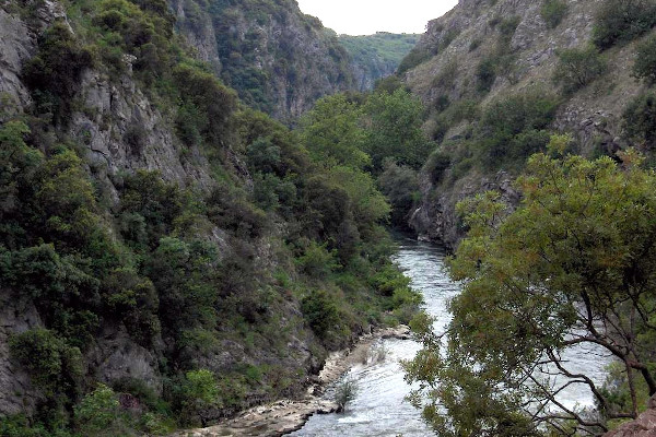 Πλάνο του φαραγγιού του Αγγίτη που περιλαμβάνει το ποτάμι, απόκρημνους βράχους και πλούσια βλάστηση.