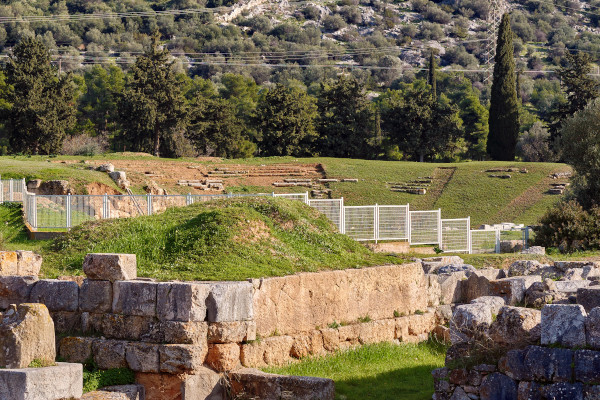 Μια εικόνα του Αρχαίου Θεάτρου της Ερέτριας που βρίσκεται πίσω από το φράχτη και κάτω από τα δέντρα που περιβάλλουν τον χώρο.
