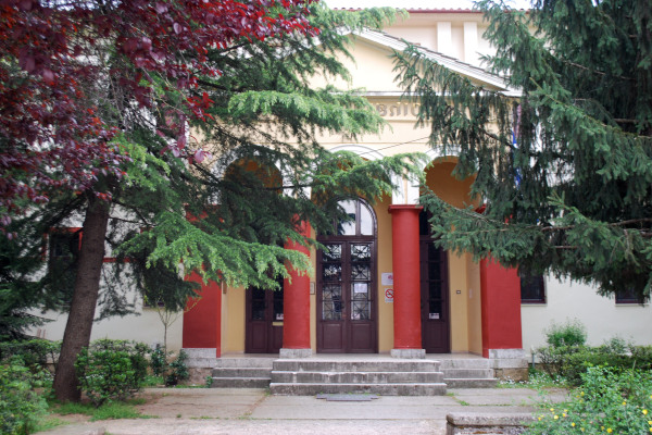 Η κύρια είσοδος της Ζωσιμαίας Βιβλιοθήκης στα Ιωάννινα ανάμεσα στα καταπράσινα δέντρα της μπροστινής αυλής.