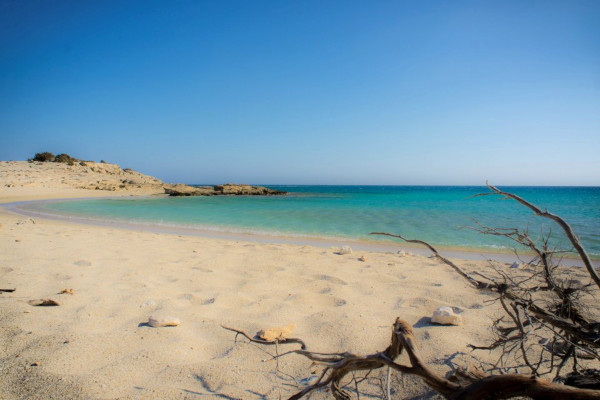 Η παραλία Διακόφτης Καρπάθου είναι μια αμμώδης παραλία με γαλαζοπράσινα νερά, χωρίς κτίρια κοντά της.