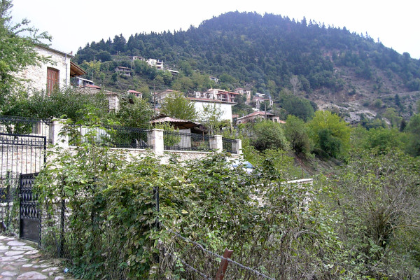 Μια εικόνα που δείχνει μερικά σπίτια και το βουνό ως φόντο στο χωριό Μεγάλο Χωριό.