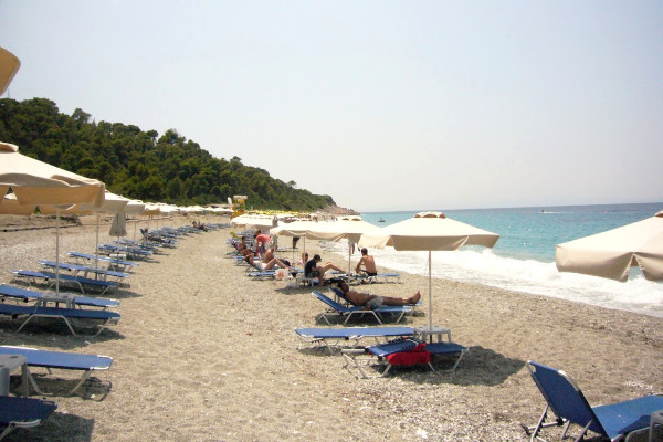 Φωτογραφία από ομπρέλες και ξαπλώστρες στην παραλία της Μηλιάς στη Σκόπελο.