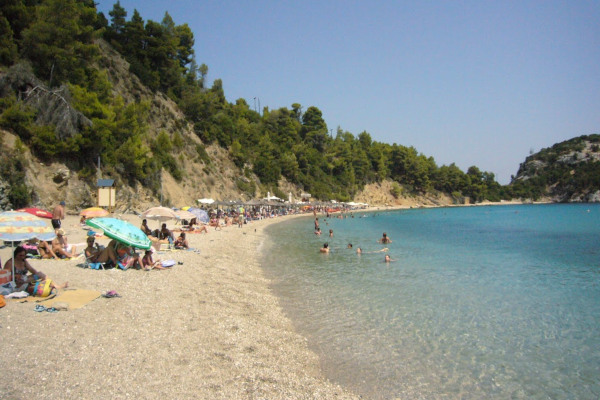 Μια φωτογραφία που δείχνει την παραλία του Στάφυλου (Στάφυλος) στο νησί της Σκοπέλου.
