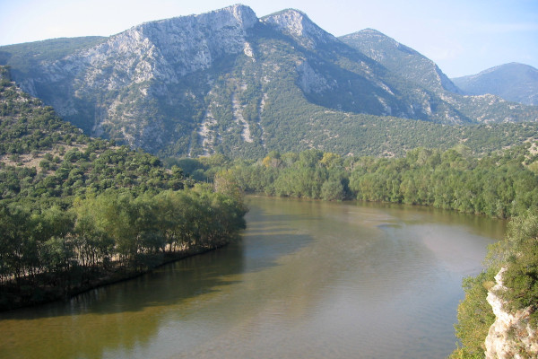 Μια εικόνα του ποταμού Νέστου που ρέει ανάμεσα στα βουνά και τη βλάστηση της Θρακικής φύσης.
